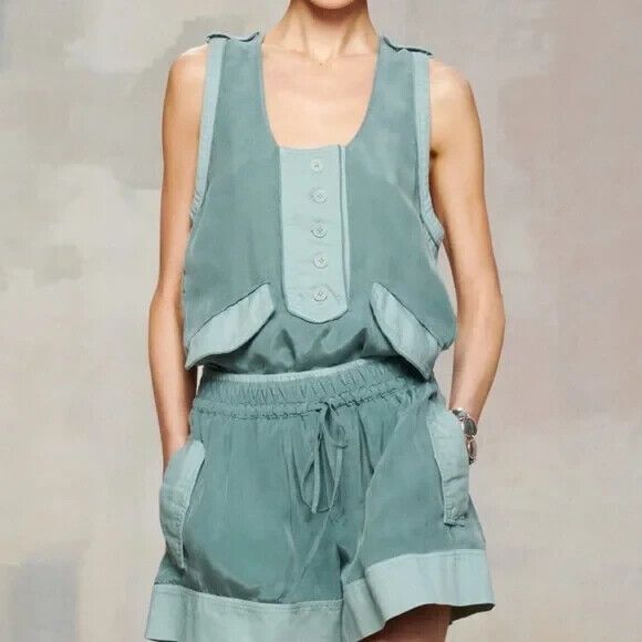 ZARA SRPLS Top Womens Small Teal Scoop Neck Sleeveless Utility Linen Lyocell - Picture 1 of 11